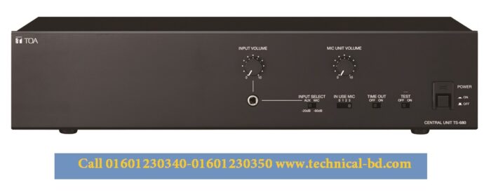 TOA TS-680 Central Unit The TS-680 is a Central Unit for TOA Conference System, TS-680 Series. Use of its line connection terminals permits connections to the conference units of TS-681L & TS-682L, making up a conference system. With the use of an optional rack mounting bracket, it can be mounted in a EIA Standard equipment rack, occupying 2 unit size.