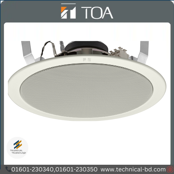 The TOA PC-2869 is a 15-watt ceiling speaker designed for clear background music and voice announcements. Its discreet white design fits any ceiling, perfect for offices, shops, and hotels.